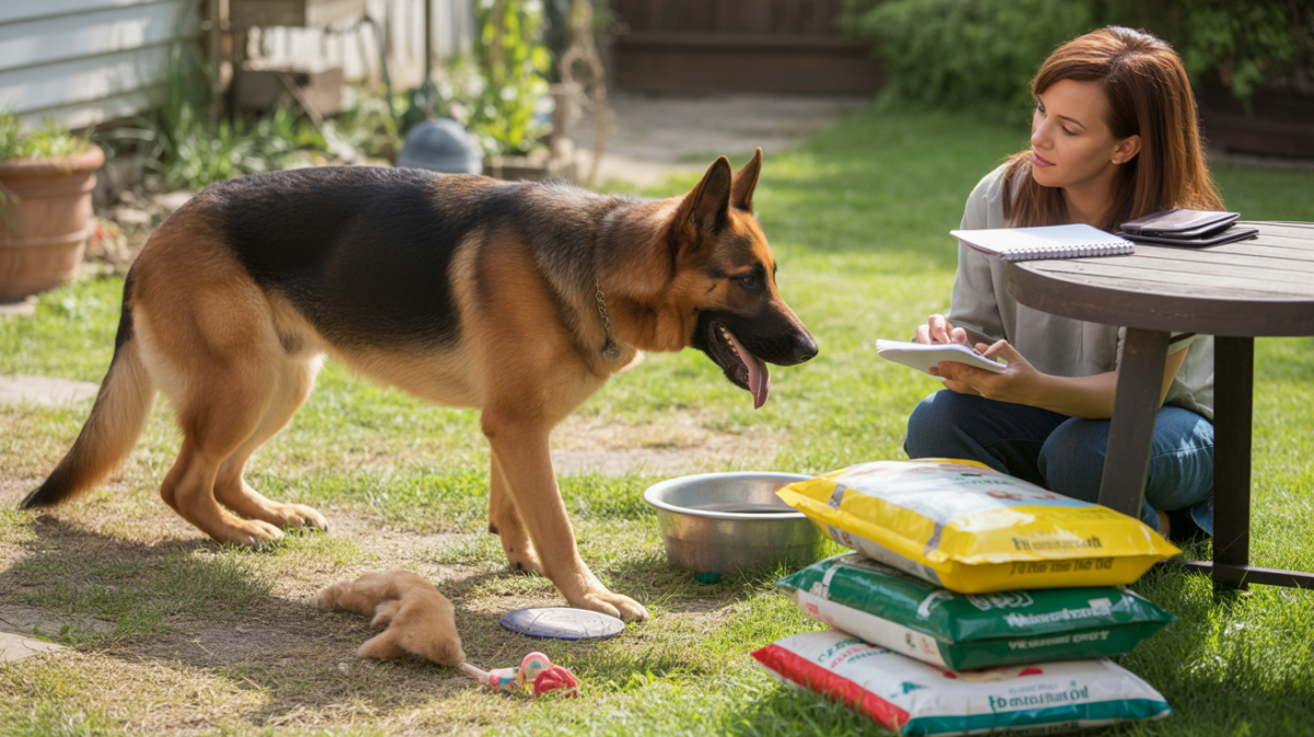 Un berger allemand et son propriétaire dans un jardin de banlieue, scène réaliste et naturelle symbolisant les dépenses annuelles liées à ce chien.