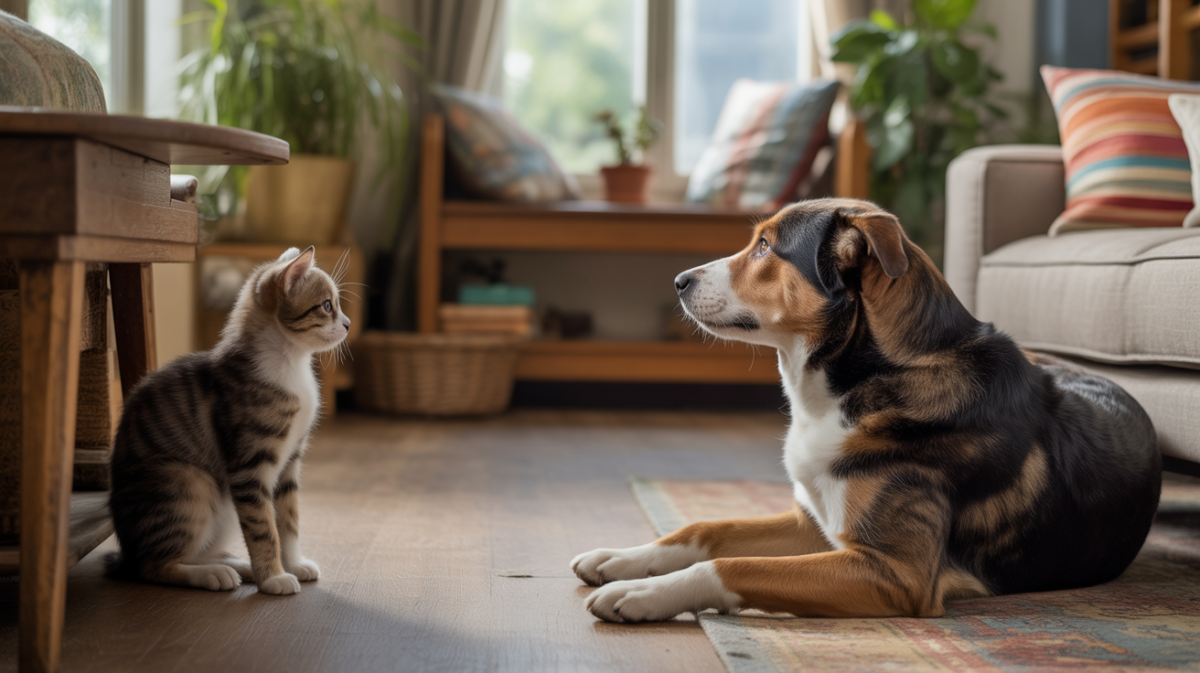 Chat et chien dans un salon réaliste, observant chacun à distance dans une ambiance domestique naturelle et chaleureuse.